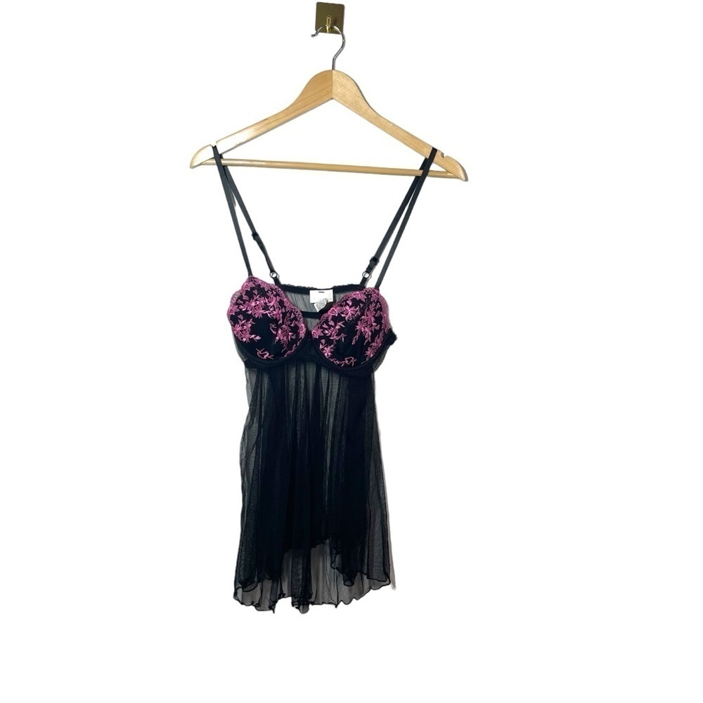 NWOT Secret Treasures Black Pink Lace Sheer Babydoll Slip Chemise Dress S